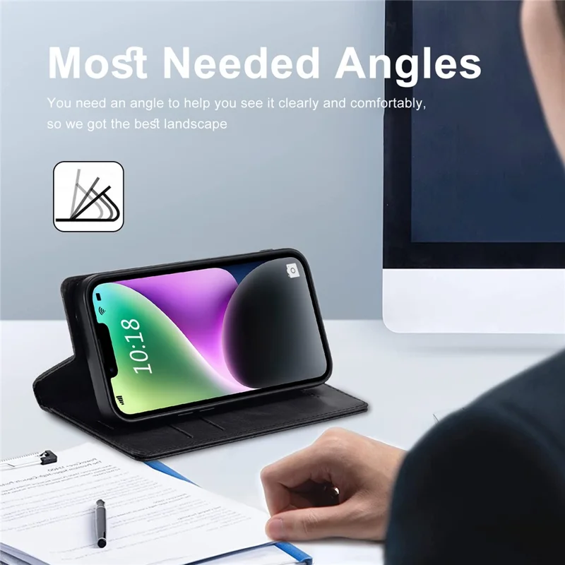 Capa Carteira de Telefone LC.IMEEKE para iPhone 15 Plus, Bloqueio RFID de Couro Sintético com Suporte - Preto