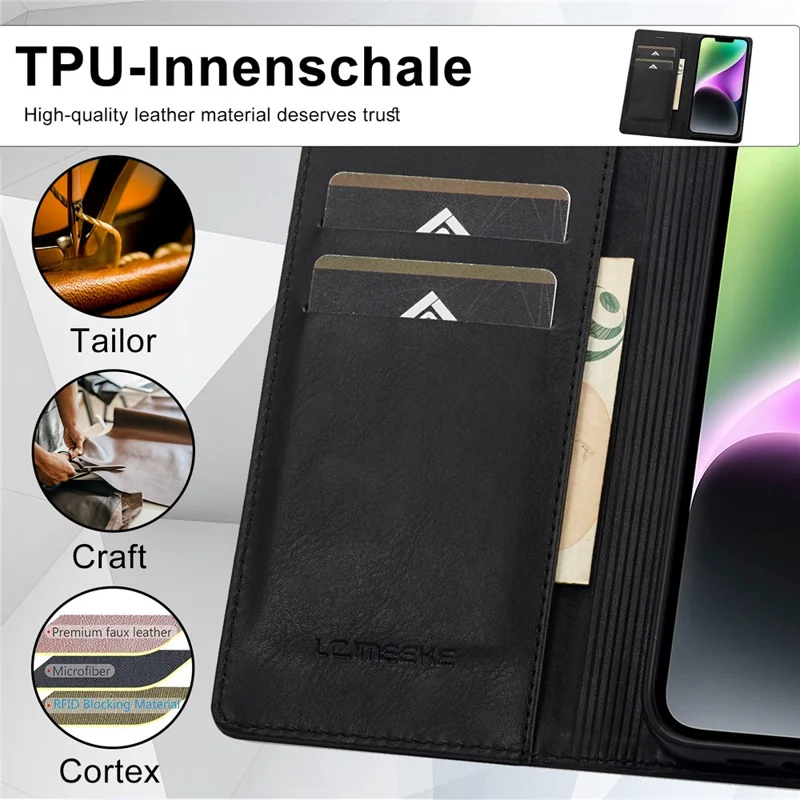 Capa Carteira de Telefone LC.IMEEKE para iPhone 15 Plus, Bloqueio RFID de Couro Sintético com Suporte - Preto