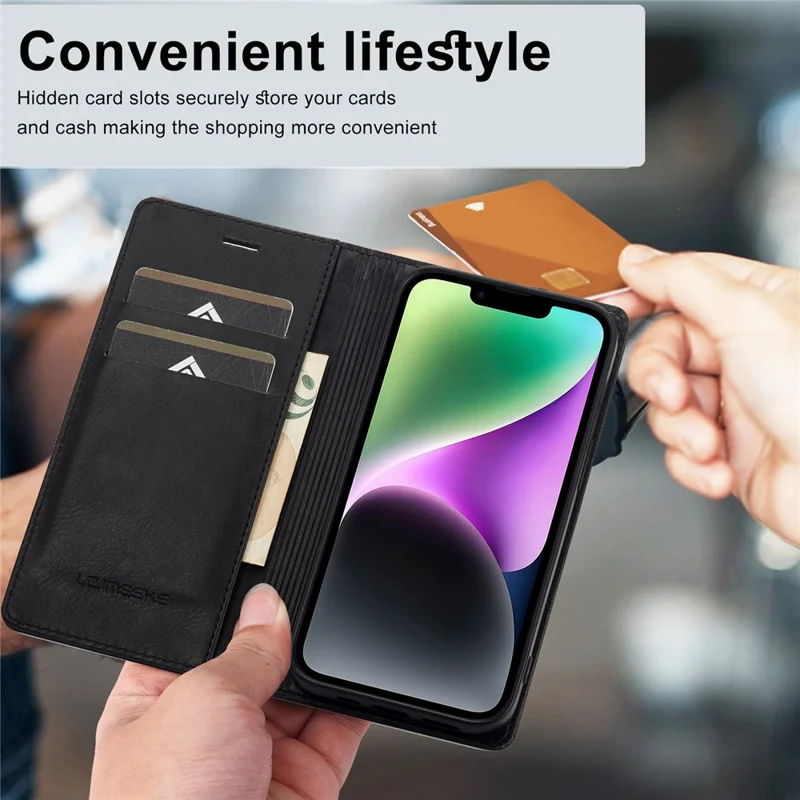 Capa Carteira de Telefone LC.IMEEKE para iPhone 15 Plus, Bloqueio RFID de Couro Sintético com Suporte - Preto