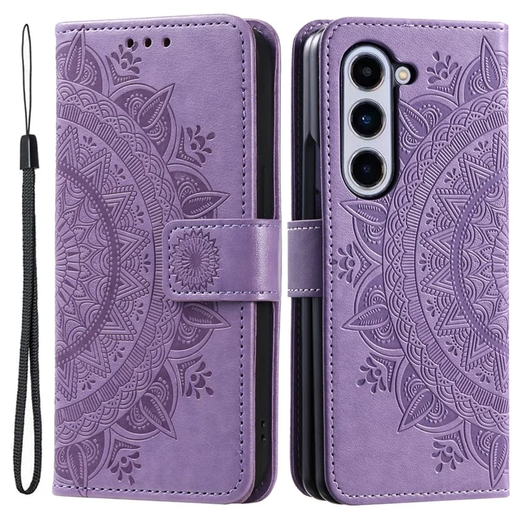 Pour Samsung Galaxy Z Fold5 5G Étui portefeuille en cuir Mandala Flower Imprinted Phone Stand Cover avec sangle - Violet