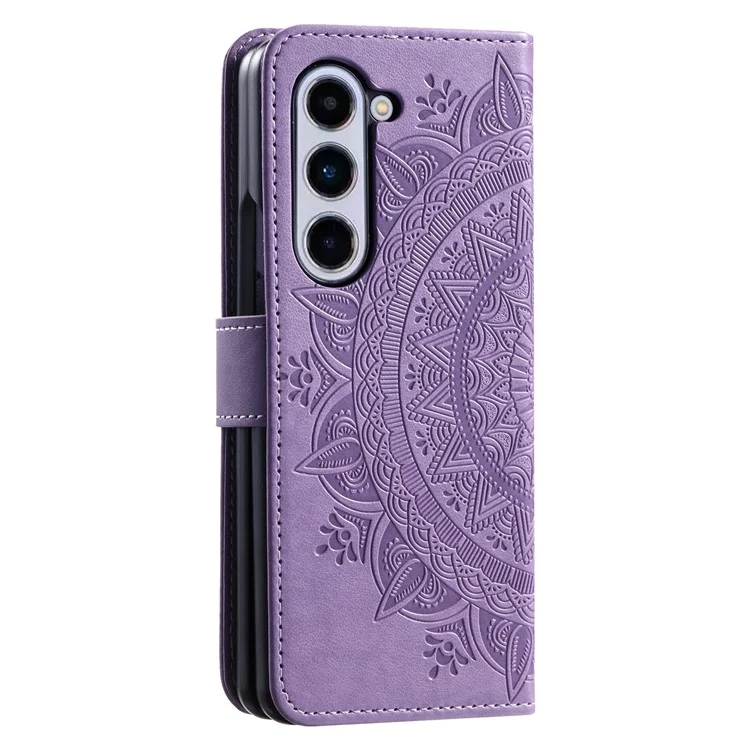 Pour Samsung Galaxy Z Fold5 5G Étui portefeuille en cuir Mandala Flower Imprinted Phone Stand Cover avec sangle - Violet