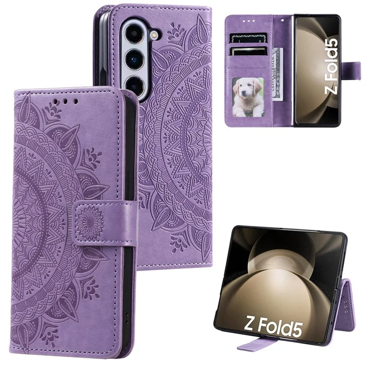 Pour Samsung Galaxy Z Fold5 5G Étui portefeuille en cuir Mandala Flower Imprinted Phone Stand Cover avec sangle - Violet