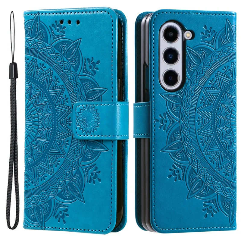 For Samsung Galaxy Z Fold5 5G Leather Wallet Case Mandala Flower Imprinted Phone Stand Cover with Strap - Blue