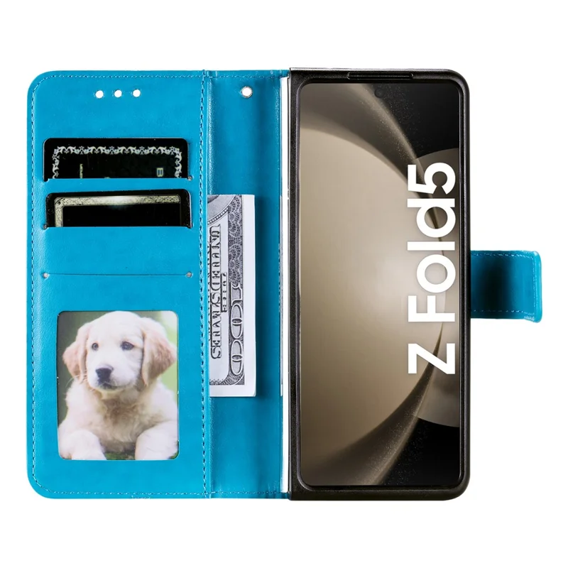 For Samsung Galaxy Z Fold5 5G Leather Wallet Case Mandala Flower Imprinted Phone Stand Cover with Strap - Blue