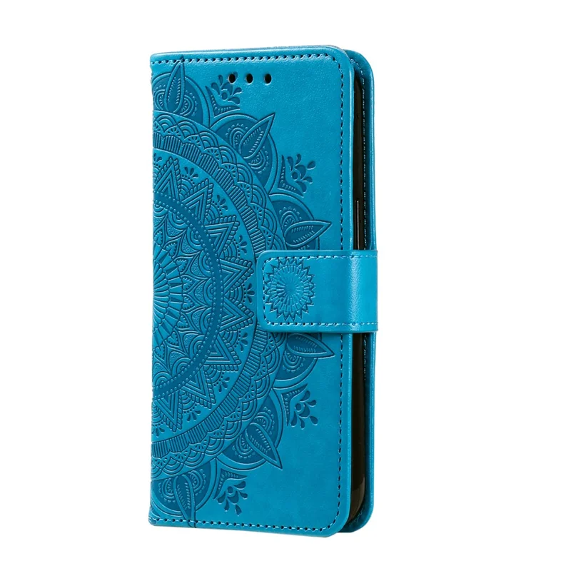 For Samsung Galaxy Z Fold5 5G Leather Wallet Case Mandala Flower Imprinted Phone Stand Cover with Strap - Blue