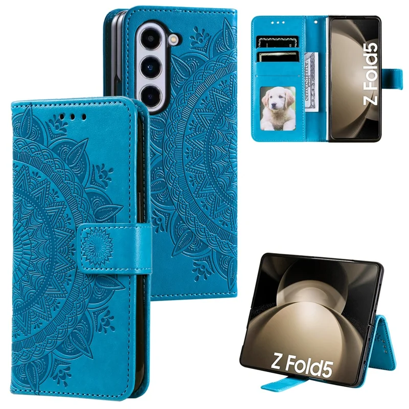 For Samsung Galaxy Z Fold5 5G Leather Wallet Case Mandala Flower Imprinted Phone Stand Cover with Strap - Blue