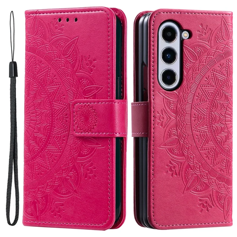 For Samsung Galaxy Z Fold5 5G Leather Wallet Case Mandala Flower Imprinted Phone Stand Cover with Strap - Rose