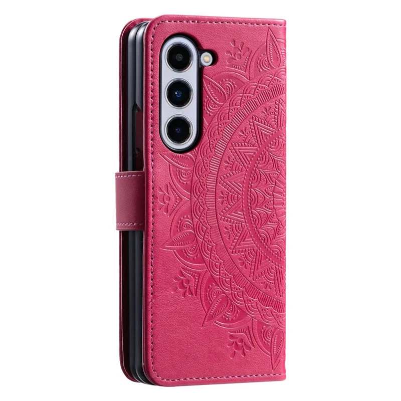 For Samsung Galaxy Z Fold5 5G Leather Wallet Case Mandala Flower Imprinted Phone Stand Cover with Strap - Rose