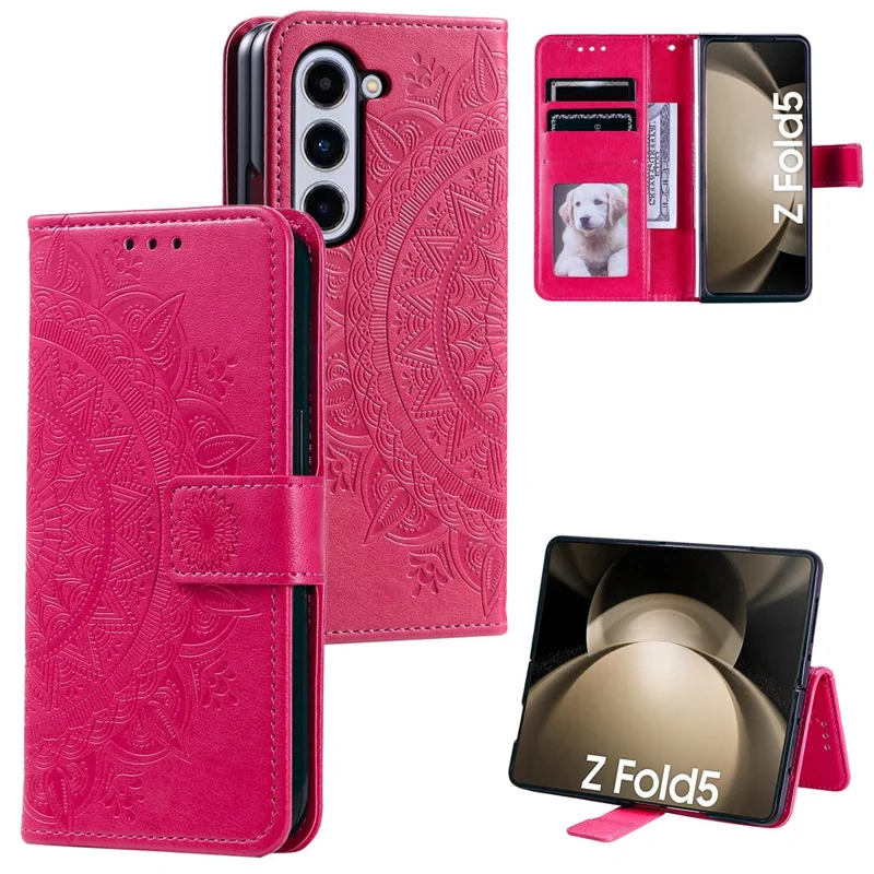 For Samsung Galaxy Z Fold5 5G Leather Wallet Case Mandala Flower Imprinted Phone Stand Cover with Strap - Rose