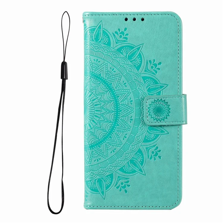 Wallet Phone Cover For Nokia C32 , Mandala Flower Imprinted Stand Phone Case with Strap - Green