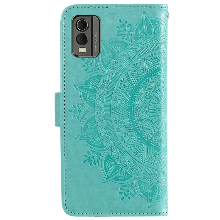Wallet Phone Cover For Nokia C32 , Mandala Flower Imprinted Stand Phone Case with Strap - Green