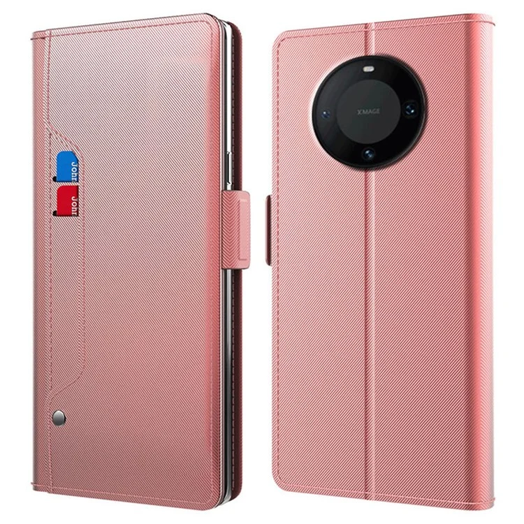 Для Huawei Mate 60 Card Slot Mirror Design PU Leather Cover Hands-free Stand Phone Case Protection Shell - Rose Gold