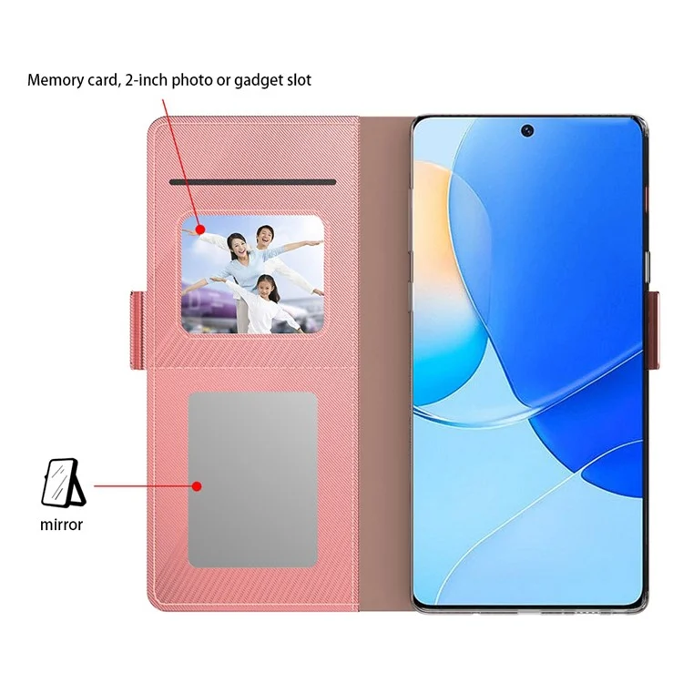 Для Huawei Mate 60 Card Slot Mirror Design PU Leather Cover Hands-free Stand Phone Case Protection Shell - Rose Gold