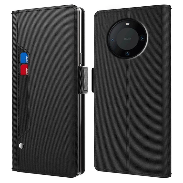 Para Huawei Mate 60 Pro Carcasa Antirrascado Soporte Funda de Teléfono con Ranura para Tarjeta y Espejo Cubierta de Piel de PU - Negro