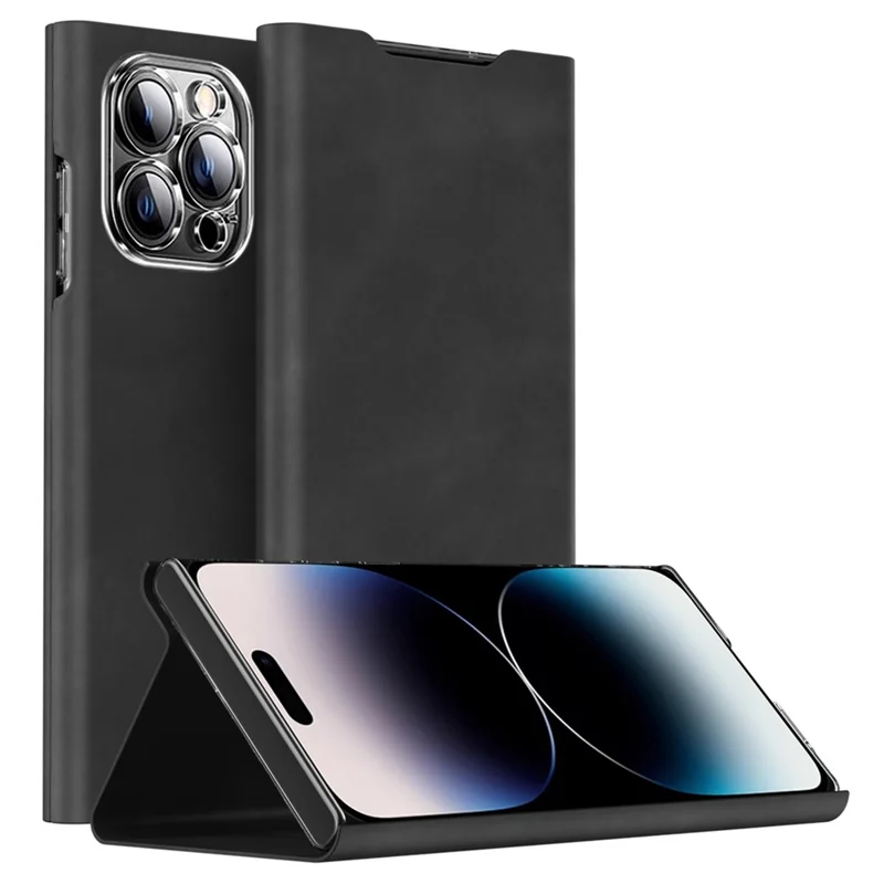For iPhone 15 Pro Max Card Holder Phone Case Nappa Texture PU Leather + PC Stand Phone Cover - Black
