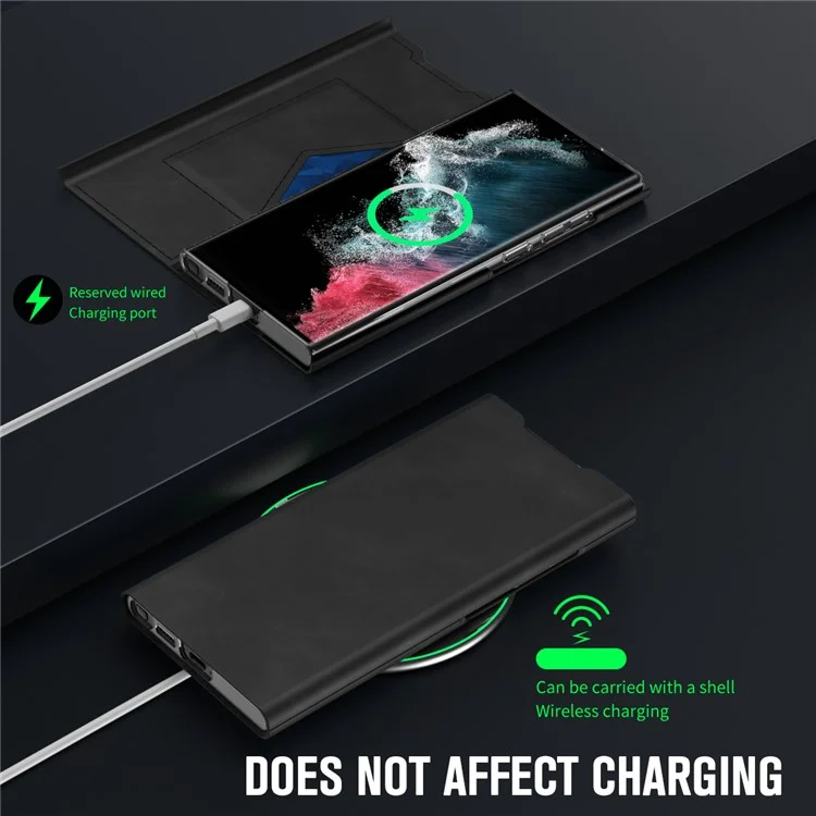 For Samsung Galaxy S22 Ultra 5G Card Holder Stand Case Nappa Texture PU Leather + PC Phone Cover - Black