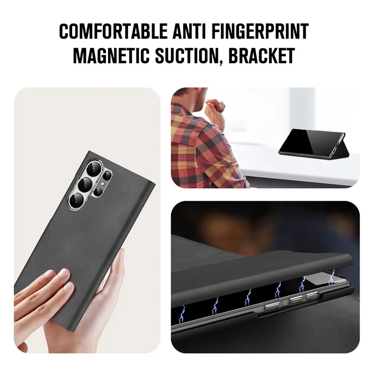 For Samsung Galaxy S22 Ultra 5G Card Holder Stand Case Nappa Texture PU Leather + PC Phone Cover - Black