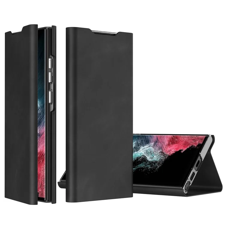 For Samsung Galaxy S22 Ultra 5G Card Holder Stand Case Nappa Texture PU Leather + PC Phone Cover - Black