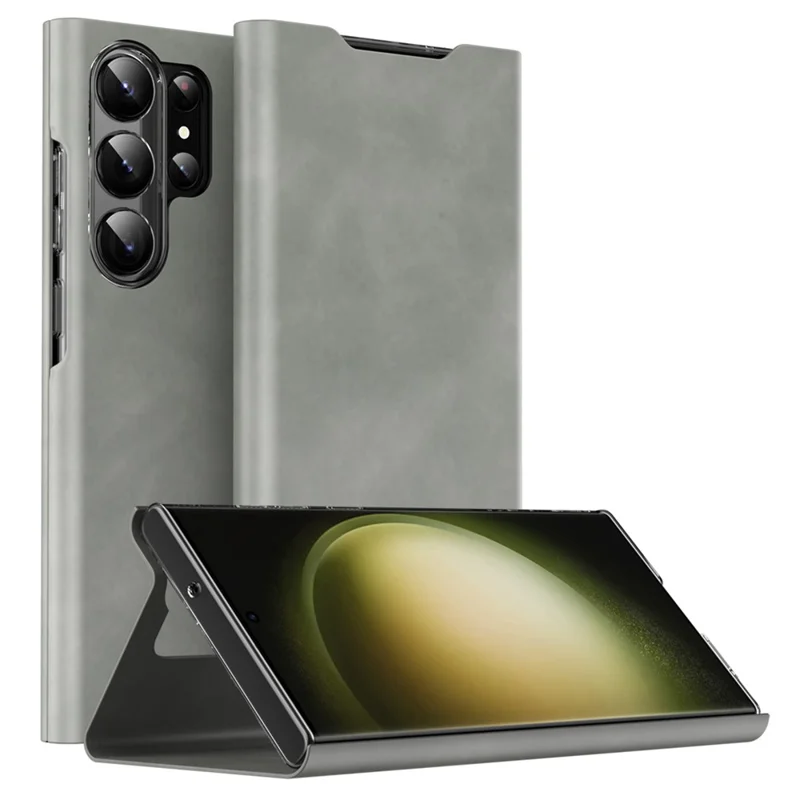 For Samsung Galaxy S22 Ultra 5G Card Holder Stand Case Nappa Texture PU Leather + PC Phone Cover - Grey