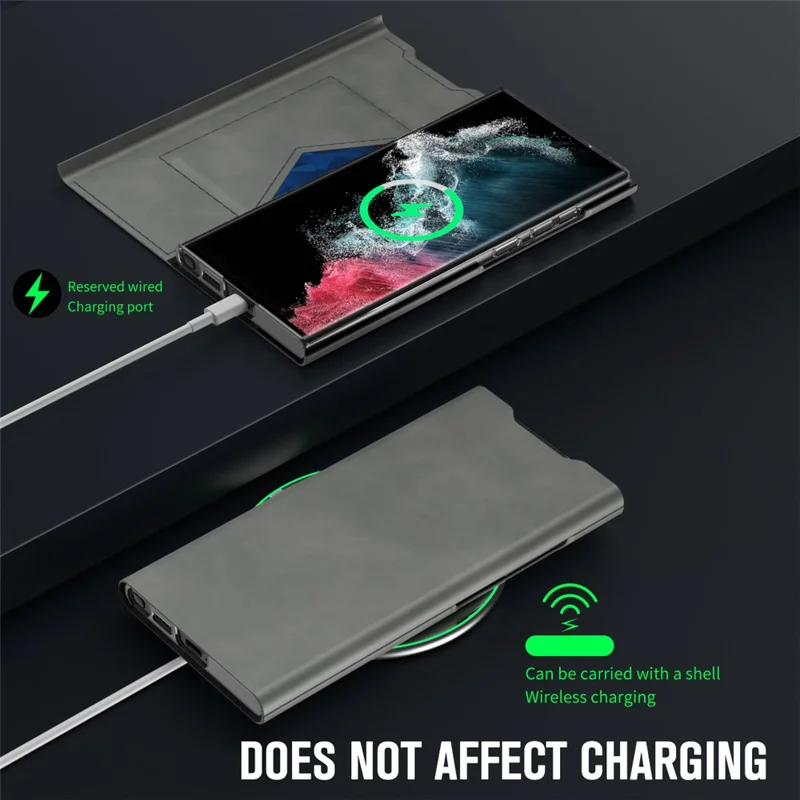 For Samsung Galaxy S22 Ultra 5G Card Holder Stand Case Nappa Texture PU Leather + PC Phone Cover - Grey