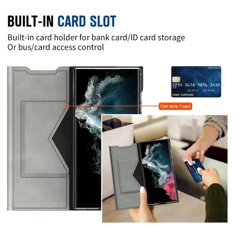 For Samsung Galaxy S22 Ultra 5G Card Holder Stand Case Nappa Texture PU Leather + PC Phone Cover - Grey