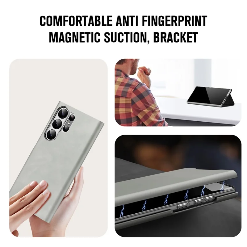 For Samsung Galaxy S22 Ultra 5G Card Holder Stand Case Nappa Texture PU Leather + PC Phone Cover - Grey