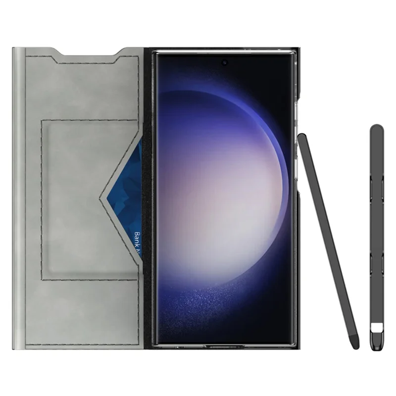 For Samsung Galaxy S22 Ultra 5G Card Holder Stand Case Nappa Texture PU Leather + PC Phone Cover - Grey