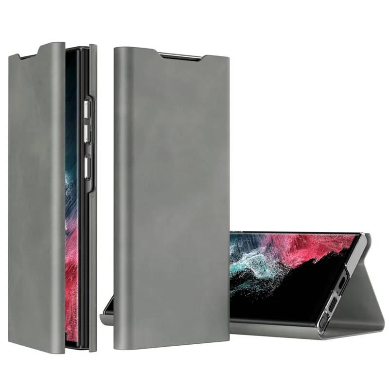 For Samsung Galaxy S22 Ultra 5G Card Holder Stand Case Nappa Texture PU Leather + PC Phone Cover - Grey