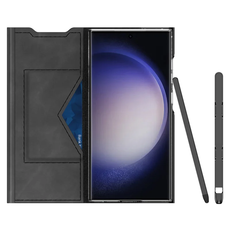 Voor Samsung Galaxy S23 Ultra Hoesje met Kaarthouder PU Leer + PC Nappalike Standhoes - Zwart