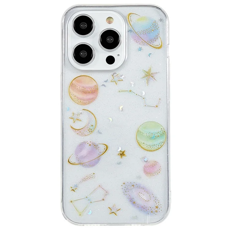 Pour iPhone 15 Pro Star Planet Pattern Soft TPU Phone Case Epoxy Design Phone Back Cover - Blanc