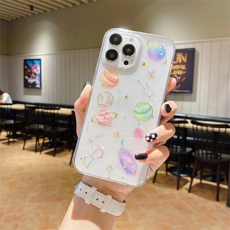 Pour iPhone 15 Pro Star Planet Pattern Soft TPU Phone Case Epoxy Design Phone Back Cover - Blanc