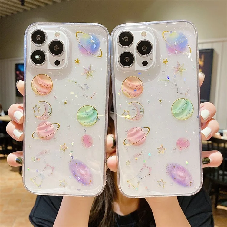 Pour iPhone 15 Pro Star Planet Pattern Soft TPU Phone Case Epoxy Design Phone Back Cover - Blanc