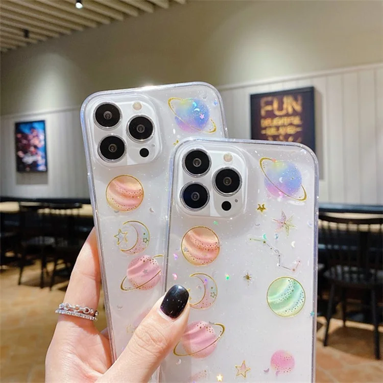 Pour iPhone 15 Pro Star Planet Pattern Soft TPU Phone Case Epoxy Design Phone Back Cover - Blanc