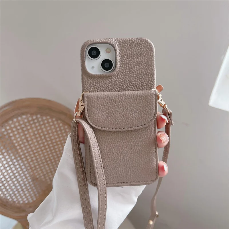 Crossbody Phone Case for iPhone 15 , Card Holder PU Leather Coated PC Cover with Shoulder Strap - Camel