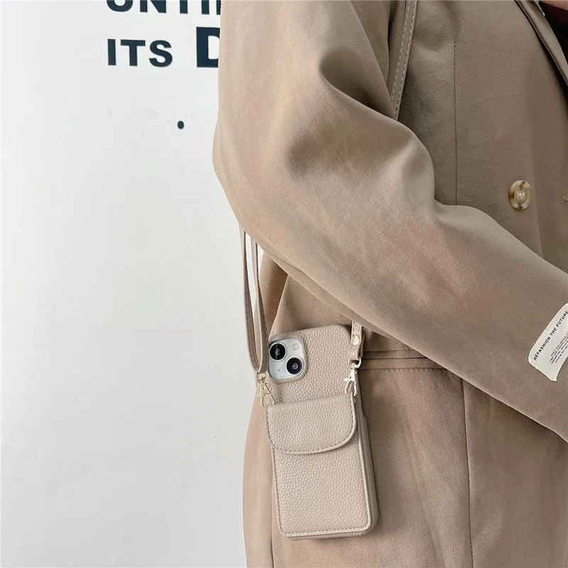 Crossbody Phone Case for iPhone 15 , Card Holder PU Leather Coated PC Cover with Shoulder Strap - Camel