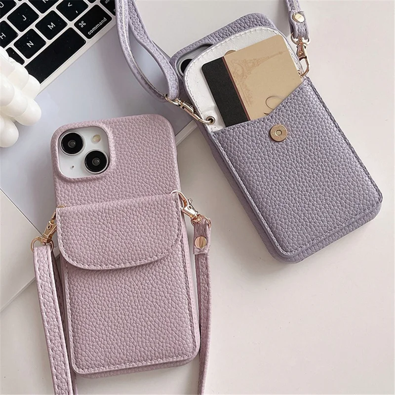 Crossbody Phone Case for iPhone 15 , Card Holder PU Leather Coated PC Cover with Shoulder Strap - Camel