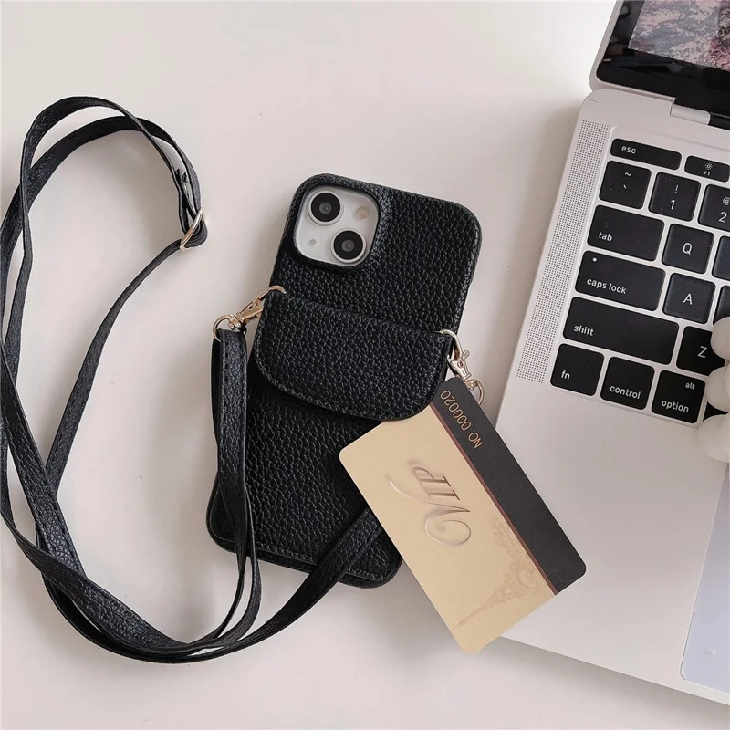 Crossbody Phone Case for iPhone 15 , Card Holder PU Leather Coated PC Cover with Shoulder Strap - Camel