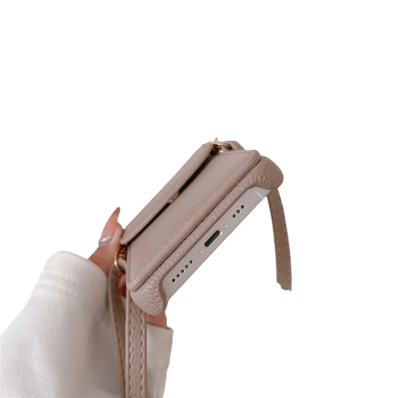 Crossbody Phone Case for iPhone 15 , Card Holder PU Leather Coated PC Cover with Shoulder Strap - Camel