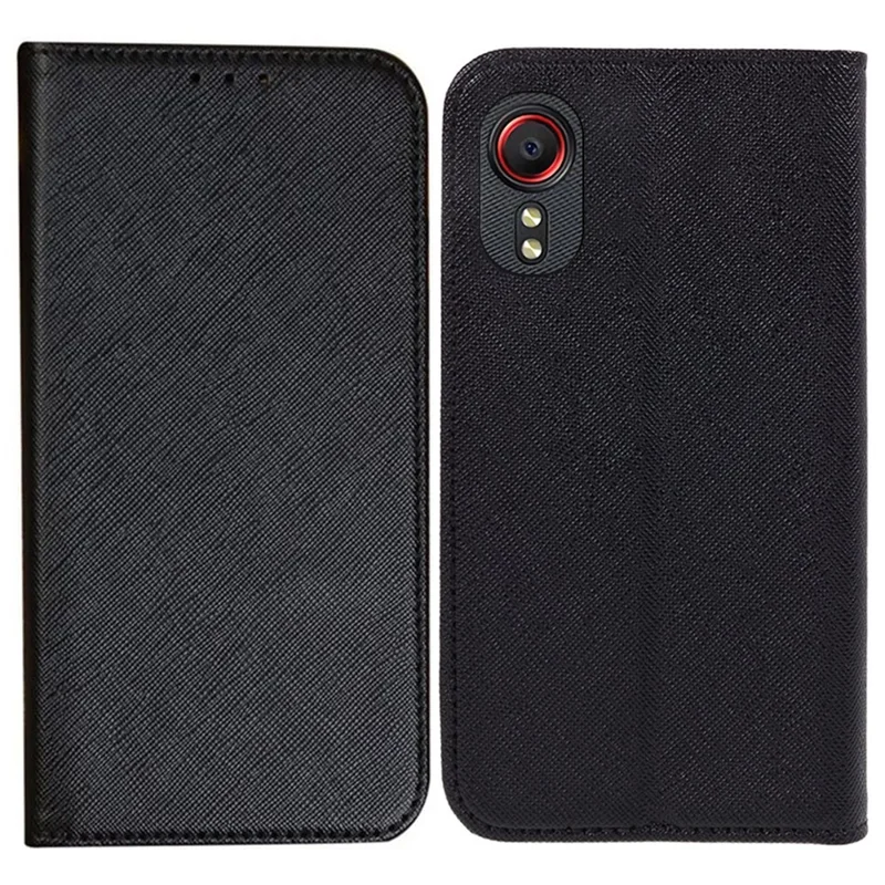 For Samsung Galaxy Xcover 5 Shockproof PU Leather Wallet Stand Case Cross Texture Phone Cover - Black