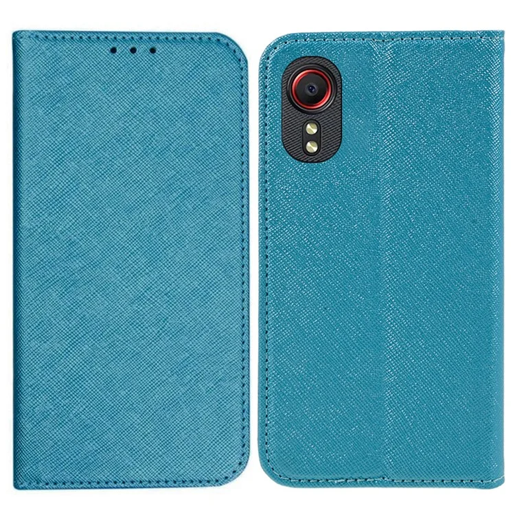 For Samsung Galaxy Xcover 5 Shockproof PU Leather Wallet Stand Case Cross Texture Phone Cover - Sky Blue
