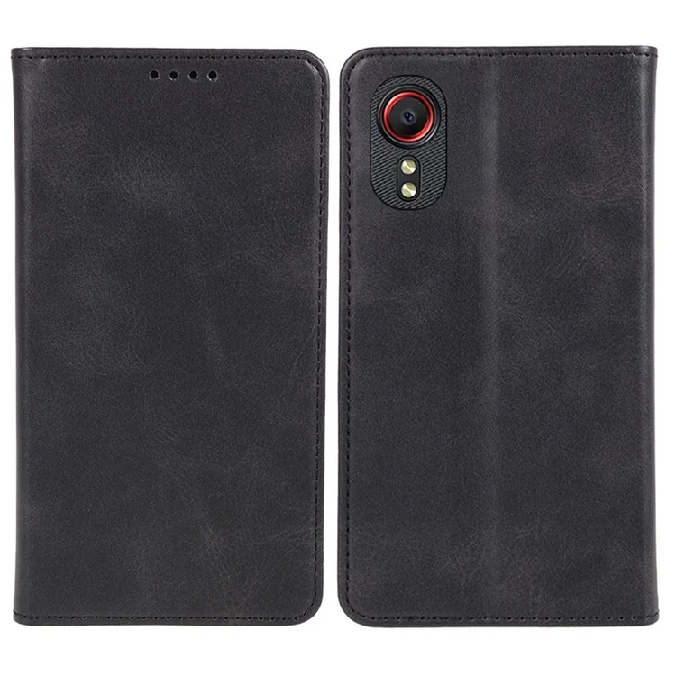 For Samsung Galaxy Xcover 5 Business Style Phone Case PU Leather Calf Texture Stand Wallet Cover - Black