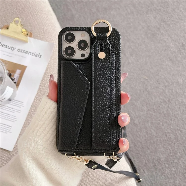 For iPhone 15 Pro PU Leather + PC Card Holder Phone Case Wristband Phone Cover with Shoulder Strap - Black