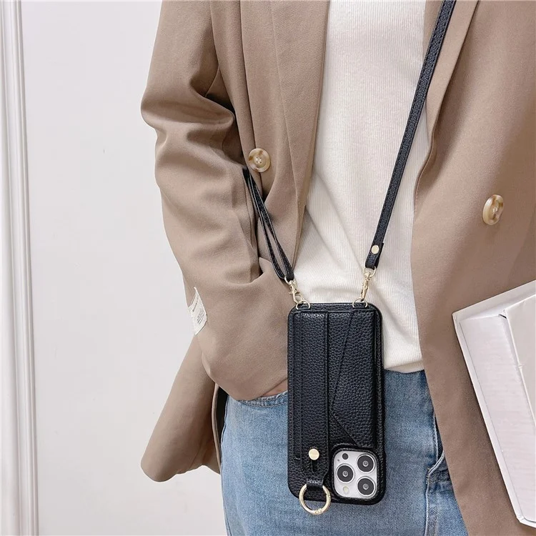 For iPhone 15 Pro PU Leather + PC Card Holder Phone Case Wristband Phone Cover with Shoulder Strap - Black