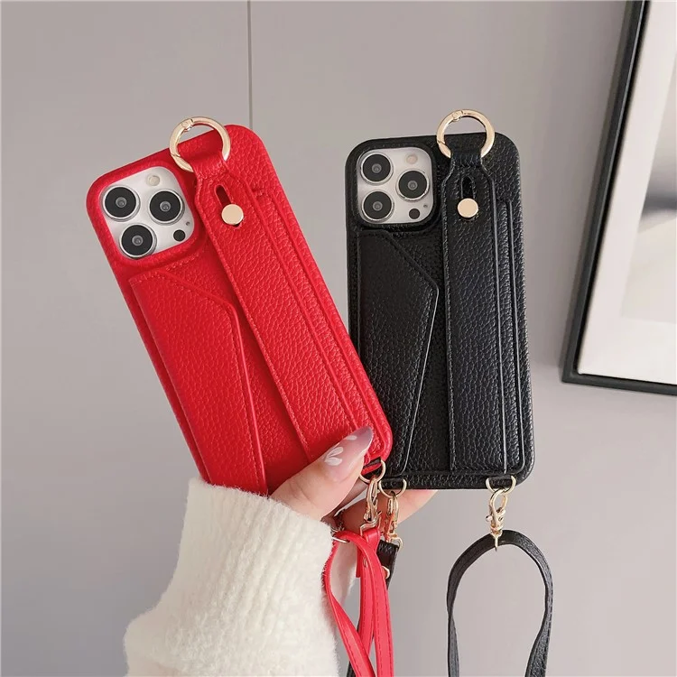 For iPhone 15 Pro PU Leather + PC Card Holder Phone Case Wristband Phone Cover with Shoulder Strap - Black