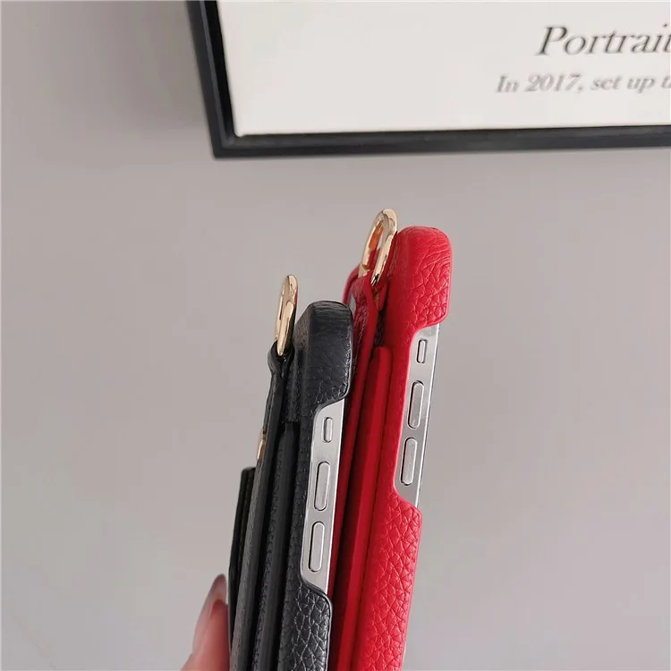 For iPhone 15 Pro PU Leather + PC Card Holder Phone Case Wristband Phone Cover with Shoulder Strap - Black