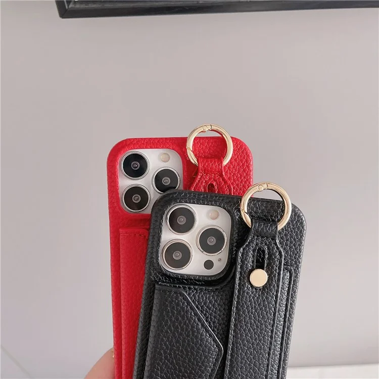 For iPhone 15 Pro PU Leather + PC Card Holder Phone Case Wristband Phone Cover with Shoulder Strap - Black