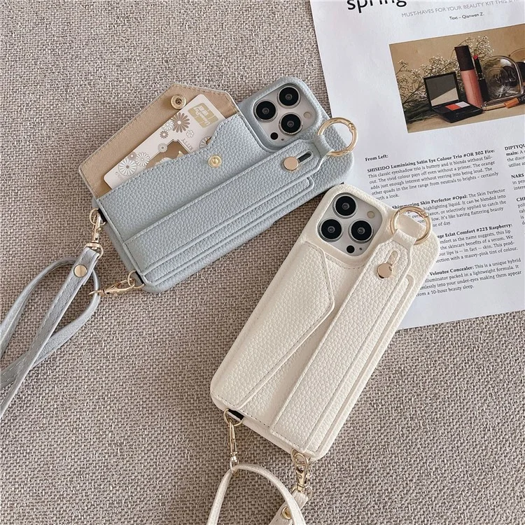 For iPhone 15 Pro PU Leather + PC Card Holder Phone Case Wristband Phone Cover with Shoulder Strap - Black