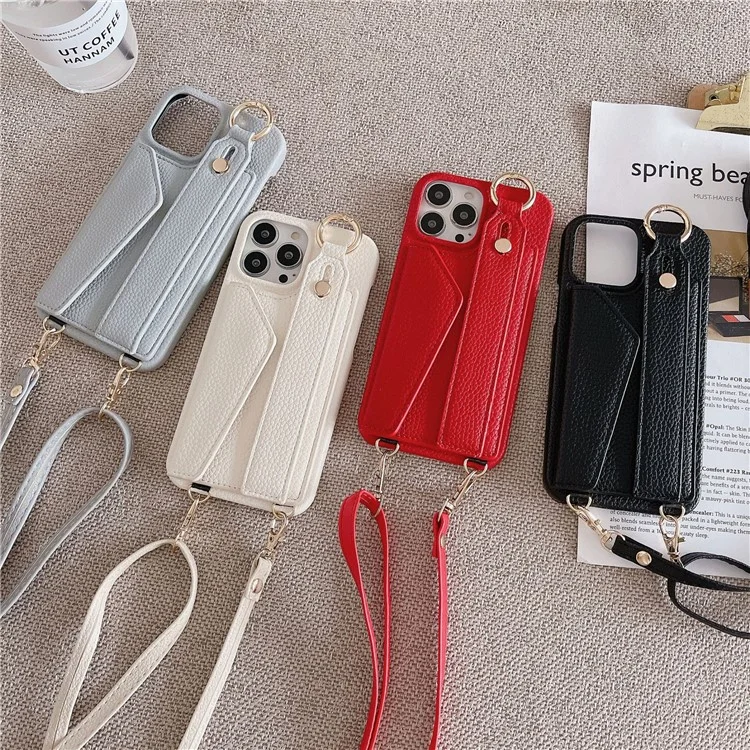 For iPhone 15 Pro PU Leather + PC Card Holder Phone Case Wristband Phone Cover with Shoulder Strap - Black
