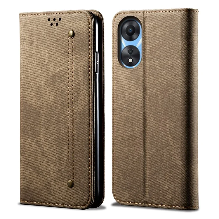 Para Oppo A58 4G Jeans Tela Textura Flip Pie de Cartera Caso PU Cuero Protección Teléfono Cubierta - Caqui