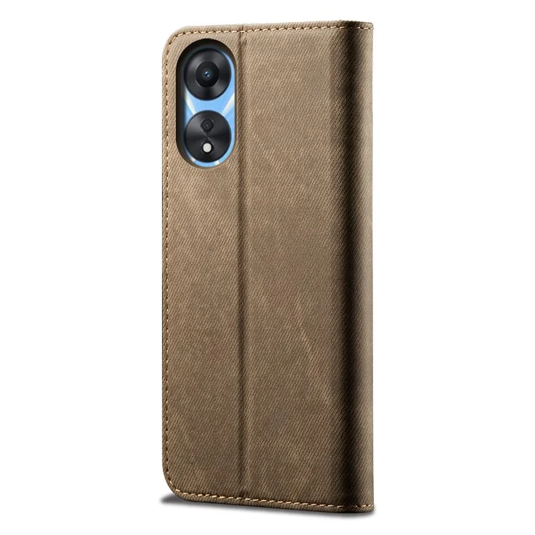 Para Oppo A58 4G Jeans Tela Textura Flip Pie de Cartera Caso PU Cuero Protección Teléfono Cubierta - Caqui
